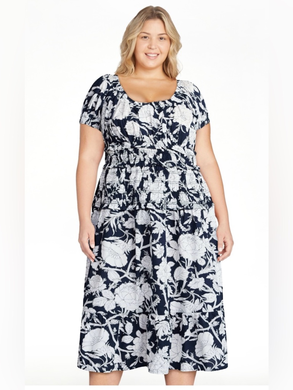 Plus Size Navy and White Floral Midi Dress